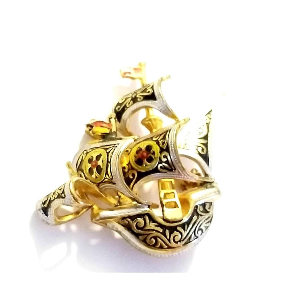 Damascene Boat Ship Brooch Made in Spain 1960s